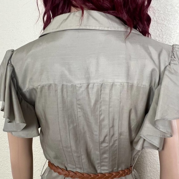 Ali Ro Womens Pleated Shirt Dress size 2 Khaki Taupe Ruffle Sleeve Knee Length - Picture 9 of 12
